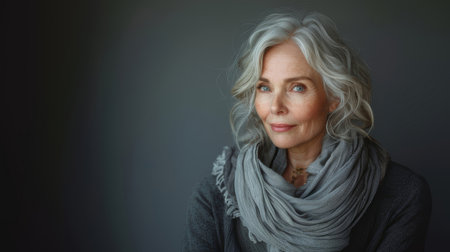 Close-up of a mature woman with gray hair looking away, wearing a scarf and a subtle smile.の素材