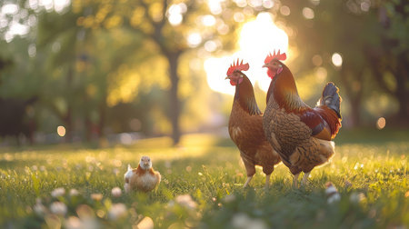 Rooster and chicken strolling on a sunlit street in a park. Peaceful nature scene with warm sunlight and serene atmosphere.の素材