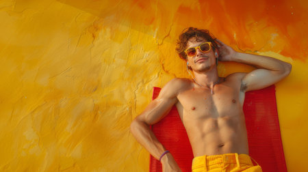 Top view of a young man enjoying a sunny day while lying on a beach mat, wearing sunglasses, against a vibrant orange background.の素材