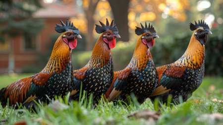 Group of colorful bantam chickens with vibrant feathers standing together in a garden. Bright and detailed image capturing their beauty and uniqueness.の素材