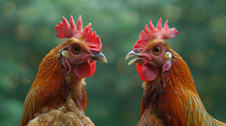 Two vivid red hens face each other with intensity, set against a blurred green backdrop, capturing a moment filled with tension and vivid detail.の素材