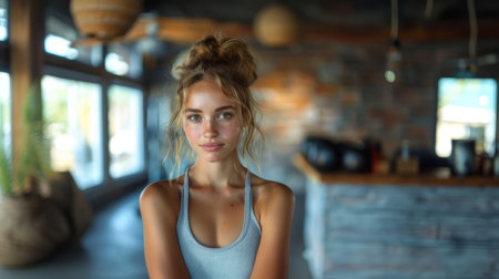 Confident young woman in a sport tank top, smiling at the camera in a stylish modern gym background.の素材