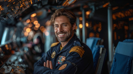 Confident male pilot in uniform smiling inside the cockpit. Professional airline captain with arms crossed, showcasing leadership and readiness.の素材