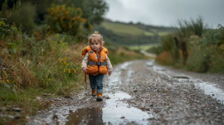 Adorable blonde girl in a life jacket walking on a muddy path surrounded by nature, reflecting adventure and exploration.の素材