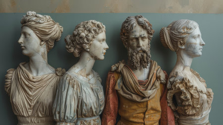 Four antique statues of men and women, showcasing detailed craftsmanship with rustic and aged textures, arranged in a line.の素材