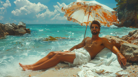 Muscular man lying on a sandy beach under an umbrella by the sea. Perfect beach scene on a sunny day.の素材