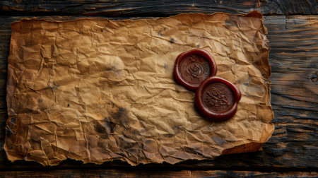 Vintage sheet of old crinkled parchment paper with red wax stamps on a rustic wooden surface, evoking historical and antique themes.の素材