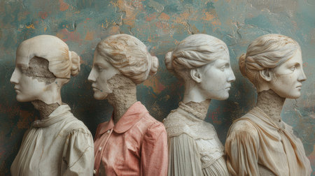 Close-up of antique female statues depicting four women in vintage clothing, against a textured, painted background, illustrating historical art and craftsmanship.の素材