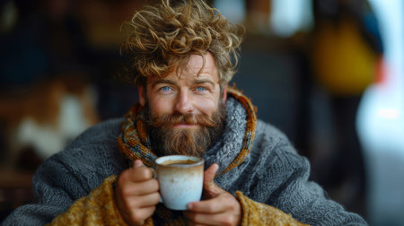 A smiling bearded man enjoying a cup of coffee in a cozy sweater, creating a warm and inviting atmosphere on a chilly morning.の素材