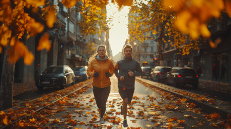 Full-length shot of a young couple running through the city streets on an autumn morning, surrounded by falling leaves and warm sunlight.の素材