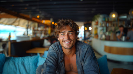 Young man smiling joyfully in a modern cafの素材