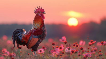 Majestic rooster silhouette at sunrise with a vibrant dawn sky and flower field, showcasing peaceful early morning and nature beauty.の素材