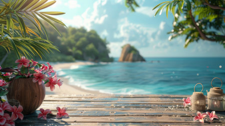 Summer product display on wooden podium by the serene sea, featuring tropical flowers and beach scenery, creating a peaceful and relaxing atmosphere.の素材