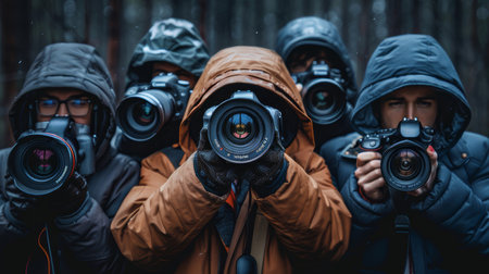 Group of photographers wearing hooded jackets, holding professional cameras in an outdoor setting during cold weather. Capturing moments and showcasing photography passion.の素材