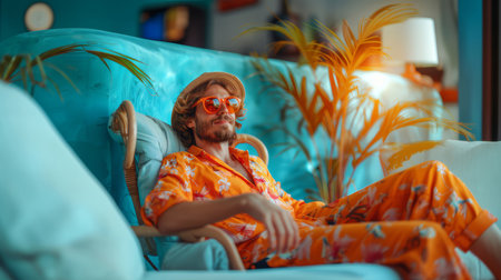 Man in colorful beachwear and retro sunglasses lounging indoors with tropical plants, capturing a laid-back and carefree vibe.の素材