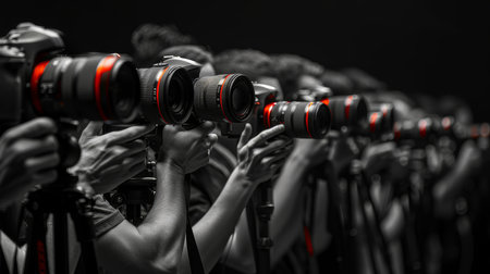Group of photographers aiming their cameras in unison, all focused on taking the perfect shot. Professional photography team in a studio setup.の素材