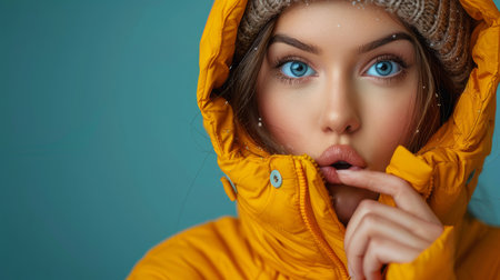 Close-up photo of a surprised young woman with blue eyes wearing a yellow jacket and knitted hat, expressing emotion.の素材