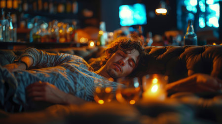 Young man sleeping on couch in a dimly lit bar after a party, surrounded by bottles and glasses.の素材