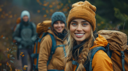 A young woman enjoying a hike with friends, dressed in outdoor gear, smiling and laughing amidst a scenic forest backdrop.の素材