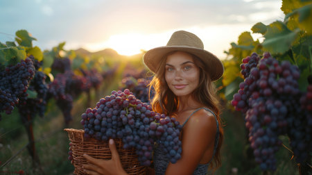 Woman harvesting red grapes at sunset in a vineyard, capturing the essence of winemaking, agriculture, and nature's beauty.の素材