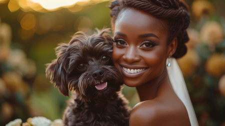 Close-up portrait of a radiant bride smiling joyfully while holding her furry companion on her wedding day, with a beautiful outdoor background.の素材