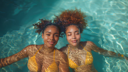 Two plus size women in yellow swimsuits floating in a pool, relaxing and smiling on a sunny day.の素材