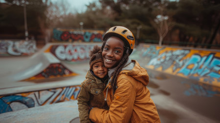 Happy African American mother putting a safety helmet on her smiling son at a graffiti-covered skate park, promoting safety and family bonding.の素材