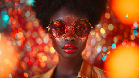 Close-up image of an African American woman with glittery makeup, round glasses, and vibrant bokeh background. Perfect for themes of beauty, fashion, and glamour.の素材
