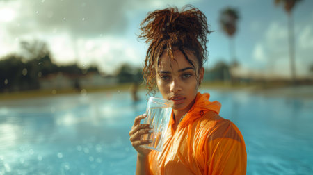 Portrait of an African American sportswoman drinking water by a pool. She is wearing a bright orange jacket, evoking feelings of refreshment and relaxation.の素材