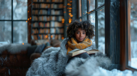 A young woman enjoys reading a book by the window during a snowy winter day, wrapped in a warm scarf and blanket, creating a cozy atmosphere.の素材