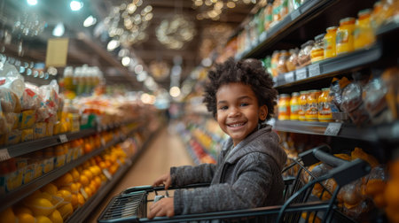 Happy boy sitting in a shopping cart in a grocery store aisle, smiling brightly. Vibrant image with stocked shelves and warm lighting.の素材