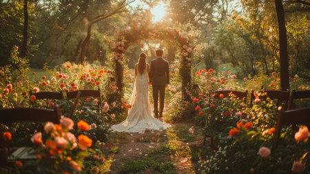 A beautiful outdoor wedding ceremony featuring a bride and groom standing under a floral arch surrounded by vibrant flowers and sunlight.の素材