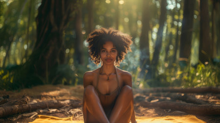 Peaceful moment of a young African American woman meditating outdoors in a tranquil forest setting with sunlight filtering through the trees.の素材
