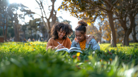 Two young female students in casual wear, studying together outdoors in a park on a sunny day, surrounded by green grass and trees.の素材