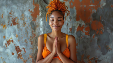 A serene young woman in a bright orange top meditates with closed eyes against a worn, grey grunge wall, embodying tranquility and mindfulness.の素材