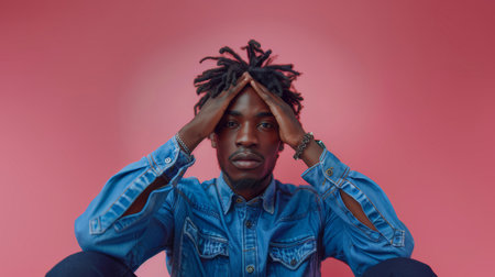 Young man with dreadlocks wearing a blue denim shirt, resting his hands on his head and contemplating. Pink background.の素材