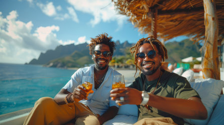 Two young male friends in casual attire enjoying drinks, smiling, and relaxing on a tropical vacation by the ocean.の素材