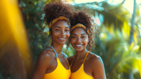 Two smiling women in yellow sportswear enjoying an outdoor fitness session in a tropical setting, surrounded by lush greenery.の素材