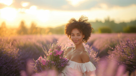 Young woman in a white dress holding a bouquet while standing in a lavender field at sunset, exuding beauty and serenity.の素材