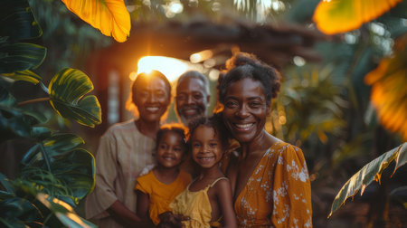 A cheerful multi-generation Black family posing together outdoors, surrounded by vibrant plants. The scene exudes warmth, joy, and unity.の素材
