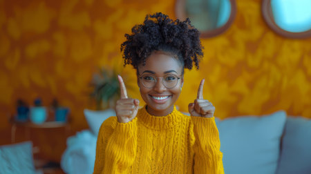 Portrait of a smiling young woman with glasses and a yellow sweater, exuding happiness and confidence in a cozy indoor setting.の素材