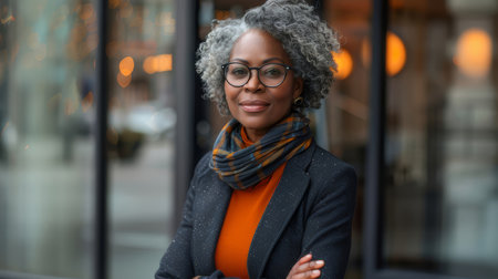 Senior businesswoman with gray hair and glasses, wearing a blazer and scarf, standing confidently in an urban setting. Represents confidence, professionalism, and experience.の素材