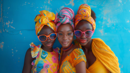 Group of three happy young girls wearing colorful headwraps and sunglasses, posing against a vibrant blue backdrop. Celebrating friendship, fashion, and zest for life.の素材
