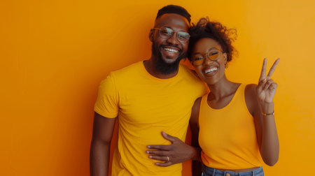 Joyful African-American couple wearing yellow clothes, standing and smiling against a vibrant yellow backdrop. The woman is showing a peace sign.の素材