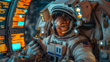 A black astronaut floating in zero gravity on a spacecraft, using a smartphone and surrounded by illuminated control panels.の素材