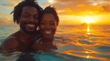 Happy couple laughing and swimming in the ocean at sunset during a tropical vacation, enjoying the warm weather and beautiful scenery.の素材