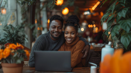Smiling African American couple sitting in a cozy cafe, embracing and enjoying time together while using a laptop. Warm and inviting atmosphere.の素材