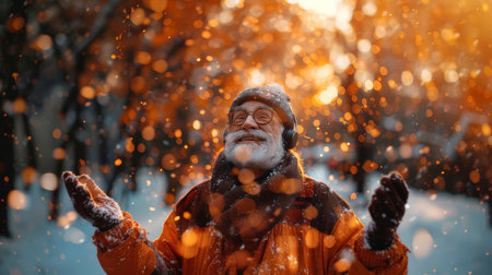 Cheerful senior man enjoying music and dancing during a beautiful winter snowfall in a forest. Vibrant golden lights add warmth to the snowy scene.の素材