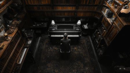 Top view black and white photograph of a talented pianist performing in a vintage library. Captures the elegance and artistry of the moment.の素材