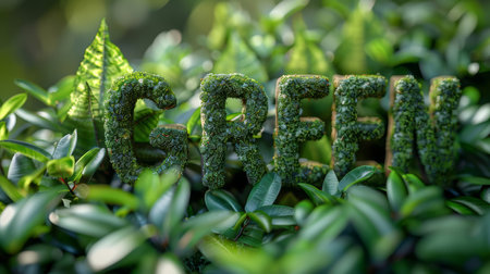 Close-up of the word 'GREEN' crafted from moss, surrounded by vibrant green leaves, promoting eco-friendly and nature-related themes.の素材